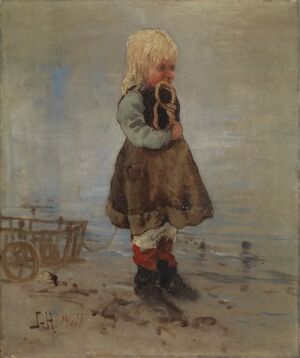  "Pike med vogn og smørkringle" by Frithjof Smith-Hald, an oil on canvas painting showing a young blonde girl in traditional dress holding a large pretzel-shaped pastry, standing before a muted, indistinct background with a barely visible wooden toy wagon to her left.