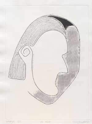  "Jon Fosse" by Tom Gundersen, a minimalist metal print on paper featuring a stylized profile view of a human head and face with monochromatic shades of gray outlined by bold black lines against a white background.