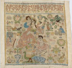  An antique embroidered sampler with alphabet and numbers at the top, flanked by a variety of motifs including two women in period dresses, animals, and plants in a palette of muted, pastel colors on an off-white aged fabric background.