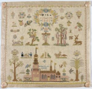  An historic embroidery sampler featuring various motifs such as trees, animals, buildings, and human figures, with a symmetrical design in muted colors on an off-white fabric background.