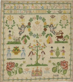  A traditional sampler embroidery featuring an alphabet, numbers, symmetrical floral patterns with a central tree motif flanked by birds and human figures, whimsical animals, and a stitched house with the date 1834, all in a soft, earthy color palette on a light-beige background.