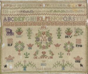  An image of a traditional cross-stitched sampler featuring an alphabet and number series at the top, with decorative geometric borders, and symmetrical arrangements of plant and animal motifs in a palette of subdued earthy tones on a light beige background.