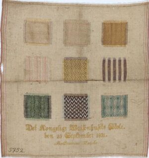  An antique fabric sampler with six squares showing different weave patterns and colors on a square beige canvas, with old German script below the squares and a catalog number "5731." in the bottom right corner.