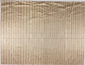  An art piece resembling crumpled paper or fabric, with a light beige background and a pattern of vertical, fine, pale brown lines suggesting an organic, textured surface.