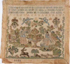  An antique embroidered panel, square in shape with faded beige background, featuring a central tree surrounded by historical-clad human figures, various birds, and animals like a dog and a stag, within a decorative border of floral motifs.