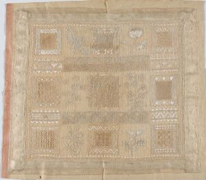  A square piece of beige fabric or handmade paper with a brownish-red border, showcasing an array of lighter beige squares adorned with various geometric and intricate patterns, indicating a rustic or handmade aesthetic.