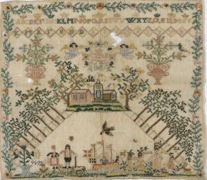  An antique hand-stitched sampler featuring alphabets, a pastoral scene with a house and trees, domestic scenes with human figures, and symmetrical botanical motifs, done in muted