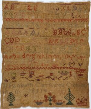  An aged textile with frayed edges displaying rows of faded red, brown, and blue symbols and characters alongside figures of trees with green leaves and red trunks, on a tan background.