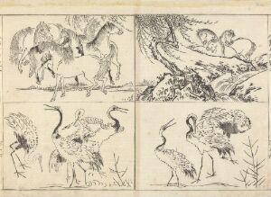  Traditional Japanese woodblock print on paper titled "Gakôsenran" by Tachibana Morikuni, featuring four panels with detailed black ink sketches of horses and birds, likely cranes and a phoenix, in various dynamic poses on a creamy, off-white background.