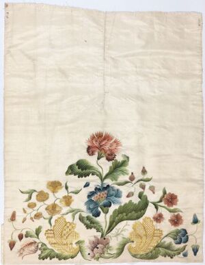  An intricate botanical illustration on an off-white textured background, featuring flowers and leaves in soft pinks, blues, greens, yellows, and browns, with visible fold lines indicating the artwork may have been folded previously.