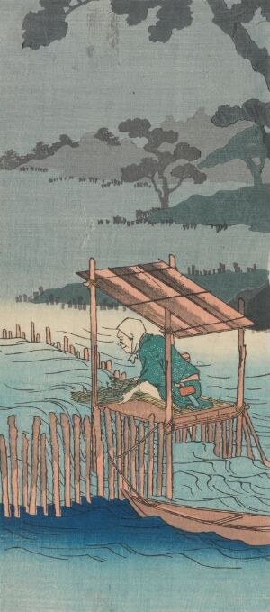  A colored woodblock print by Utagawa Kuniyoshi titled "Poem by Gonchûnagon Sadayori," featuring an overcast sky with nuanced shades of blue and gray clouds, calm blue waters with stylized ripples, a wooden dock or platform in browns stretching into the water, and a figure in traditional green and blue Japanese clothing standing pensively on the dock.