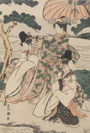  "Lady and Attendants under Pine Trees at the Seashore" by Utagawa Toyokuni I, a traditional Japanese color woodblock print on paper, depicting three figures, a seated lady in a patterned kimono and two attendants in darker attire with hats, under pine trees by the seashore, with an attendant holding an orange parasol.