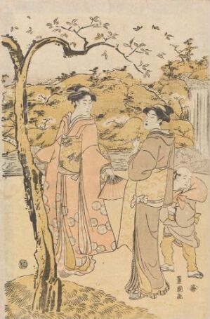  A Japanese ukiyo-e woodblock print by Utagawa Toyokuni I titled "To skjønnheter som betrakter kirsebærblomstene," showing two women in traditional kimonos observing cherry blossoms, with subtle, harmonious colors depicting the serene beauty of spring.