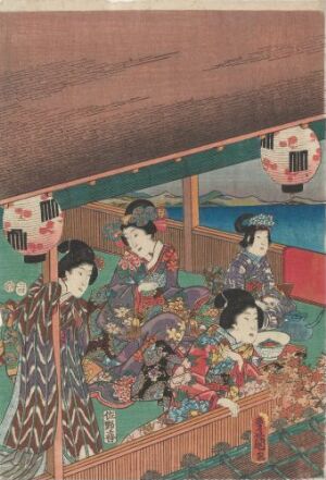  "Fall section," from the series "Modern Views of the Four Seasons" by Toyonuni, depicts four women in traditional Japanese dress in an intimate indoor setting, featuring rich autumnal colors and intricate patterns on their kimonos.