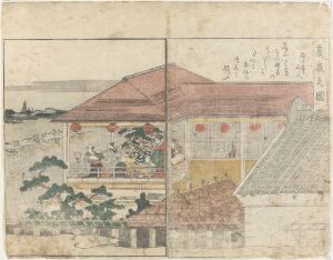  "Seirô ehon nenjû gyôji" - A traditional Japanese woodblock print on paper by Kitagawa Utamaro, depicting a muted, pastel-colored scene of Edo period Japan with a two-panel view of a Japanese pleasure district, showing architecture with subtle details and figures engaged