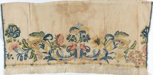  An antique fabric strip featuring a faded floral pattern with symmetrical vase-like motifs surrounded by ornate flowers in muted shades of green, blue, coral, and pink on a creamy beige background, exuding a vintage charm.