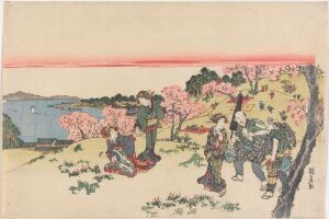  "Goten-yama hanami" by Utagawa Kunisada I, a Japanese Ukiyo-e woodblock print on paper, depicting a group of individuals in traditional attire admiring cherry blossoms on a green hillside with a hint of blue architecture and a pale to beige sky, accented by a red strip.