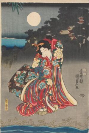  Traditional Japanese woodblock print by Kichizô Tsutaya from the series "Eight Views of Ômi," illustrating a female figure in an ornate kimono sitting by the edge of the water under a full moon with a background of night sky transitioning from navy to light grey-blue, interspersed with subtle clouds.