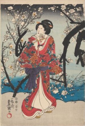  "Kvinne under blomstrende plommetrær" by Toyonuni features an intricate color woodblock print of a Japanese woman in a red floral kimono standing under white blossoming plum trees, with a gradation of blue to white in the sky.