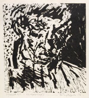  "Eg sjølv (sagd)" by Per Inge Bjørlo, a linocut print on paper showcasing a high-contrast, expressionistic face with dynamic black contours on a white background, conveying a contemplative or emotional depth through robust linework.