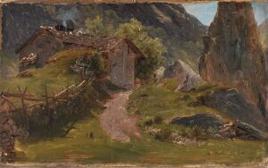  "From Oberhasli in Switzerland" by Thomas Fearnley is an oil painting depicting a small, moss-covered stone cottage in a mountainous Swiss landscape. The cottage is set against a background of imposing grey cliffs and boulders, with a dirt path leading to its door and a wooden fence alongside. Earthy tones of browns, greens, and greys dominate the painting, evoking a rustic and serene setting, while the sky is rendered in soft blues and greys, suggesting a
