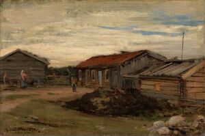 "Rural Serenity by Gerhard Munthe" - An oil on canvas painting depicting old wooden buildings in earthy tones, arranged in a courtyard with a person standing to the left and another near the center, under a dynamic sky suggestive of changing weather. The scene portrays a sense of rural tranquility and the passage of time.
