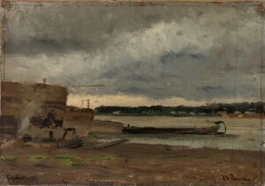  Oil on paper mounted on canvas landscape painting by Gerhard Munthe, featuring overcast skies in muted grays and whites over a calm body of water with a docked boat, and a shore in earthy browns, evoking a moody and serene environment.