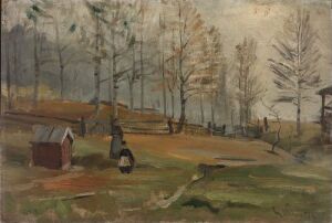 "Autumn" by Gerhard Munthe, an oil painting displaying a pastoral autumn landscape with a central dark figure, a small shed, meandering dirt road, and sparse trees in warm fall colors against a muted backdrop.
