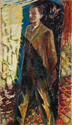  Oil on canvas portrait by Henrik Sørensen, depicting a figure standing and facing slightly to the right with their head turned forward. The painting features a warm palette with textured clothing in olive greens, deep browns, and rust, set against a divided background with cooler tones on the left and a patterned patchwork of darker rich colors on the right.