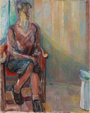  An impressionistic oil painting on canvas by Thorvald Erichsen depicting a seated woman in a brown top and dark skirt on a red chair with a green backrest. Warm sunlight filters onto the left side of the canvas, while cooler green and blue hues suggest shadow on the right, revealing a vibrantly textured domestic scene.