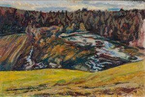 
 "Early Spring in Hakadal" by Henrik Sørensen, an oil painting on wood fiber panel, featuring a luminous early spring landscape with a field of new grass in the foreground, a twisting river through the center, a forested cliff in the background with bare trees, and a dynamic sky of blues and whites above.
