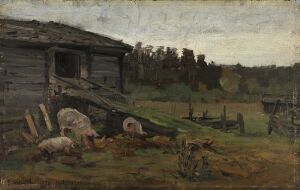  "Pigs at the Barn Bridge" by Gerhard Munthe, a painting depicting a rural scene with several pigs in various shades of pinkish-gray resting on the brown earth near a gray wooden barn with a ladder. The background shows a wooden fence and a line of dark green trees against a gray-blue sky, suggesting a tranquil, overcast day in the countryside. The artwork is rendered with a subdued, earthy color palette.