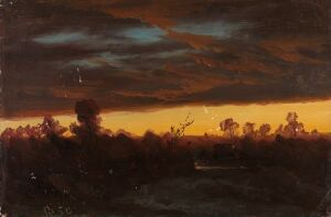  "Cloud Study" by Knud Baade, an oil on paper artwork depicting a dramatic sky with dark clouds above a silhouette of a treeline against a glowing amber horizon.