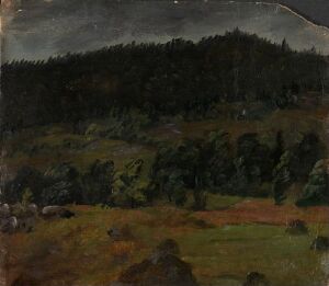  "Landscape Study" by Knud Baade, depicting a dark, moody pastoral scene with an overcast sky, dense forest, and a clearing with grazing animals on paper, using oil paints.