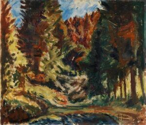  "In the Wood" by Henrik Sørensen, an oil on papplate impressionistic painting depicting a colorful autumn forest scene with a winding path or stream in the center, surrounded by rich green, orange, and red foliage.