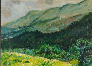  "Landscape from Vinje," an oil painting on wood fiber board by Henrik Sørensen, featuring a bright green field in the foreground, darker green forested hills in the mid-ground, and blue-tinged mountains in the background under a pale sky, demonstrating a vibrant depiction of the Norwegian countryside with expressive brushstrokes.