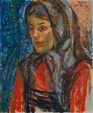  "Portrait of Marianne Hamsun" by Henrik Sørensen, an expressionist oil painting showcasing a woman with an introspective gaze, set against a cobalt blue background. Warm and cool tones are dynamically contrasted, with striking red clothing and loosely outlined brown hair.