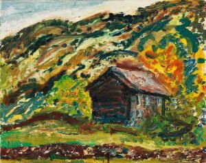  "Autumn in Vinje" by Henrik Sørensen, depicting a small dark wooden cabin amongst vibrant autumn-colored hills with expressive brushstrokes in oranges, yellows, and greens on a wood fiber board.