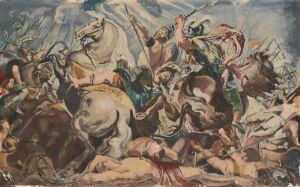  "The Death of Consul Decius" by Olav Strømme is an oil painting that vividly captures a chaotic battle scene with dynamic brushstrokes, featuring a blend of earthy tones and selective pops of color emphasizing the turmoil and heroism within the artwork.