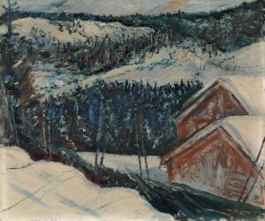  "Winter Landscape" by Henrik Sørensen, an oil on canvas painting featuring a tranquil snowy scene with two earthy-toned wooden houses in the foreground and a dark pine forest in the background under an overcast bright sky.