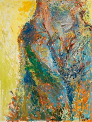  Abstract oil painting on hardboard by artist Henrik Sørensen featuring an ethereal figure in contemplative pose, rendered in a vibrant palette of yellow, blue, green, orange, red, and purple hues.