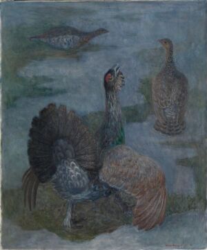 
 "Peacock and Others" by Ridley Borchgrevink – A subdued painting on canvas featuring a peacock with earth-toned feathers in the foreground and two less distinct birds in a background of cool grey and muted blue hues, capturing a serene, naturalistic moment with a soft technique that enhances the dreamlike atmosphere.