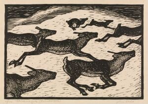  "Reindeer Calves II" by John Savio is a linocut or woodcut print showing a dynamic scene of several reindeer calves in motion, depicted in black and white on paper, conveying movement and the natural energy of wildlife.