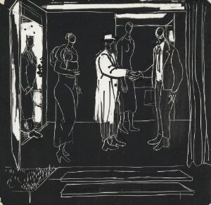  A black and white scraperboard artwork titled "Livet i Planetveien [1]" by Gunnar S. Gundersen depicting an architectural scene with five silhouetted figures, two of whom are shaking hands in the foreground, while the others stand behind in what appears to be an indoor setting with a perspective leading into a dark space.