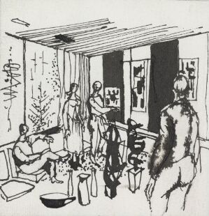 
 Pen drawing on paper titled "Livet i Planetveien [5]" by artist Gunnar S. Gundersen, featuring a lively interior scene with several figures in a living room setting, showcasing expressive linework and firm contrasts between black ink and white paper.