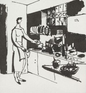  A black and white pen drawing by Gunnar S. Gundersen titled "Livet i Planetveien [17]" depicting a person standing sideways, cooking at a kitchen counter lined with various dishes and cookware, in a stylized representation with strong contrast and minimalistic details.