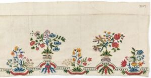  An ornate, hand-embroidered floral design on a light linen fabric, featuring symmetrical clusters of flowers in red, blue, green, and orange, with a continuous, decorative border connecting the clusters.