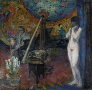  "Selvportrett i atelieret" by Bernhard Folkestad, an impressionistic oil painting showing an artist's studio with a model standing to the right in white, an easel with a colorful painting at the center, and the artist himself in the background on the left, amidst a vibrant ceiling that gives the room a dreamlike ambiance.