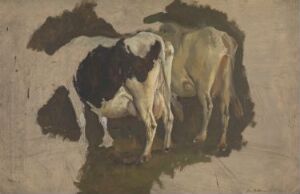  A realistic painting by artist Anders Askevold showing two cows, one white with black patches facing the viewer and another tan-colored cow turned to the side, standing on a patch of earth against a minimalistic brown background, executed in oil on paper mounted on cardboard.