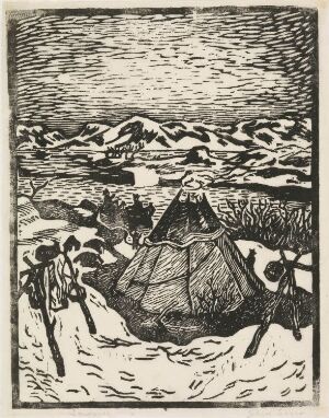  Black and white woodcut print titled "Almost Summer" by John Savio featuring a traditional Sami lavvu tent amid a transitioning spring landscape with budding trees, rolling hills with patches of snow, rugged mountains in the distance, and a dynamic sky, encapsulating a serene natural setting.